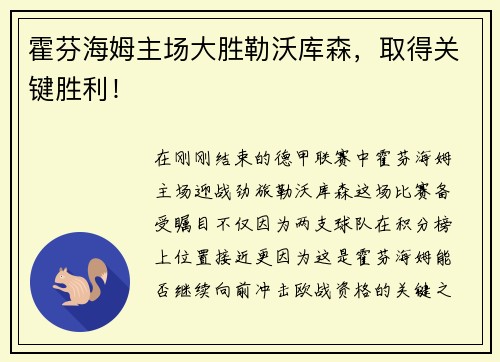 霍芬海姆主场大胜勒沃库森，取得关键胜利！