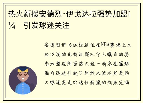 热火新援安德烈·伊戈达拉强势加盟，引发球迷关注